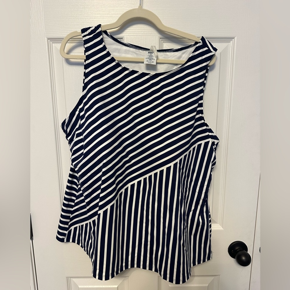 Lands' End Navy & White Striped Sleeveless Swim Tank